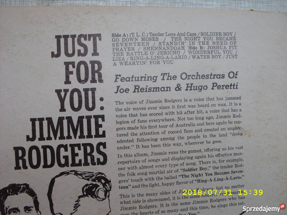 Country LP JIMMIE RODGERSJUST FOR YOU USA płyta winylowa Płyty i kasety dolnośląskie