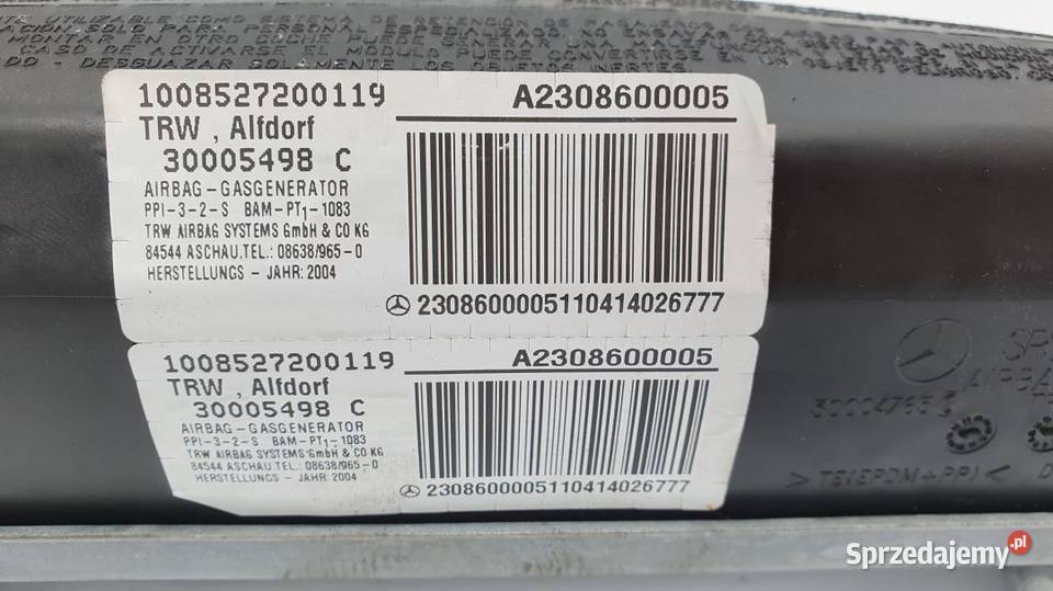 PODUSZKA AIRBAG PASAŻERA A2308600005 SL 350 R230 Lipno