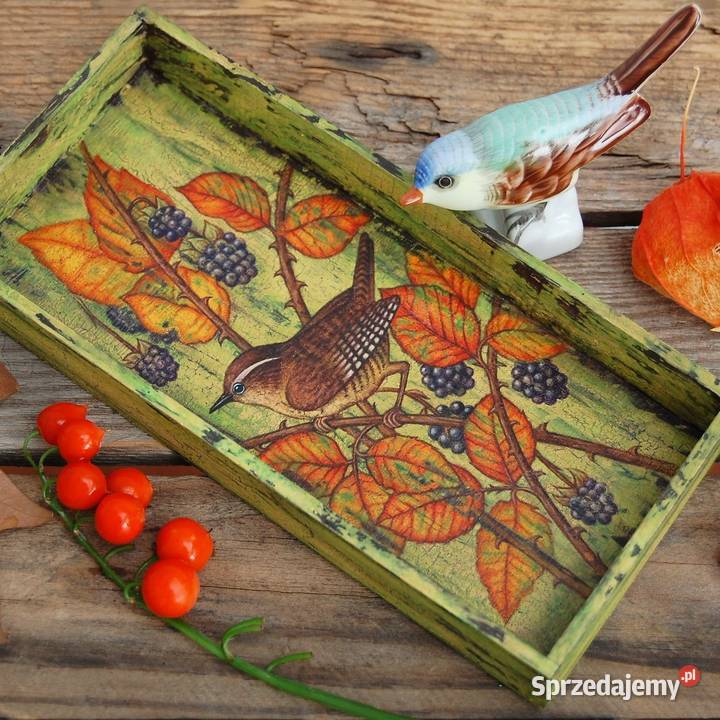 Drewniana tacka malowana ptak strzyżyk jeżyny wielokolorowy Lublin