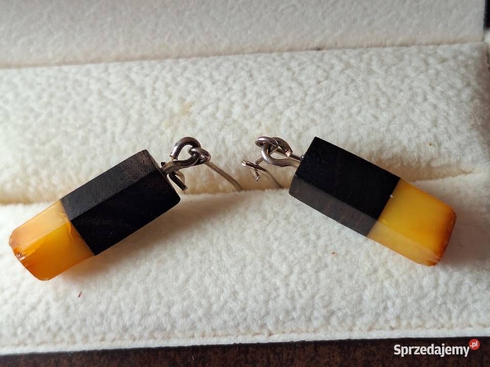 Kolczyki wiszące drewno bursztyn Gdańsk