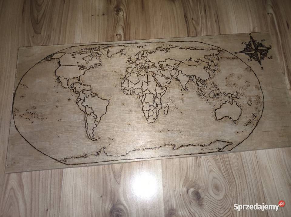 Mapa świata wypalana ręcznie metodą pirografii Rękodzieło Tarnów