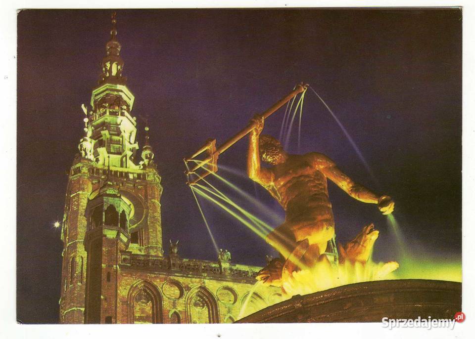 GDAŃSK FONTANNA NEPTUNA NOCĄ I WIEŻA RATUSZOWA Krynki