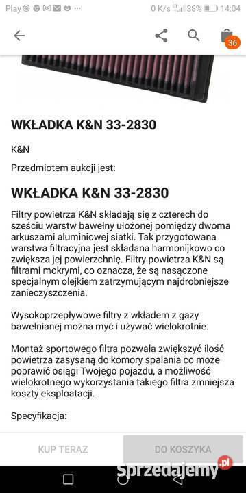 Sportowy Filtr Powietrza grupa VW typ 332830 Łask