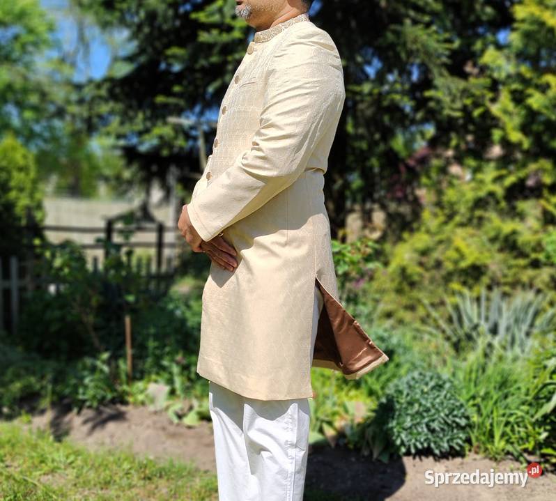 Elegancki indyjski sherwani achkan kremowy haft Szczecin