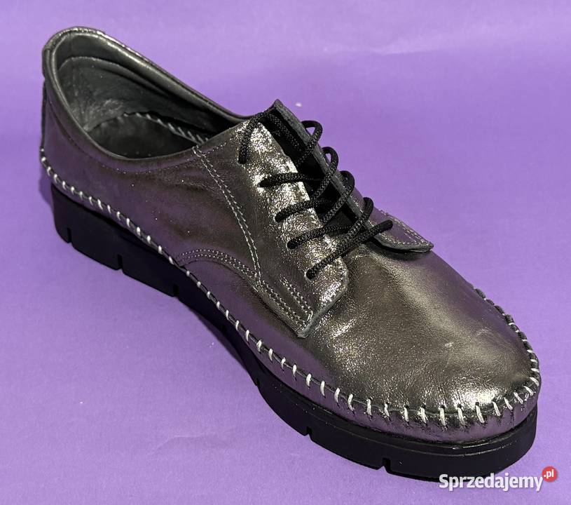Skórzane damskie platynowe wiązane półbuty Żyrardów sprzedam