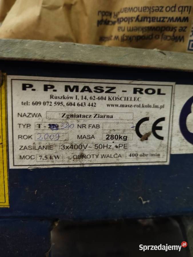 Gniotownik T320 75kW 2 walce Kłodawa sprzedam