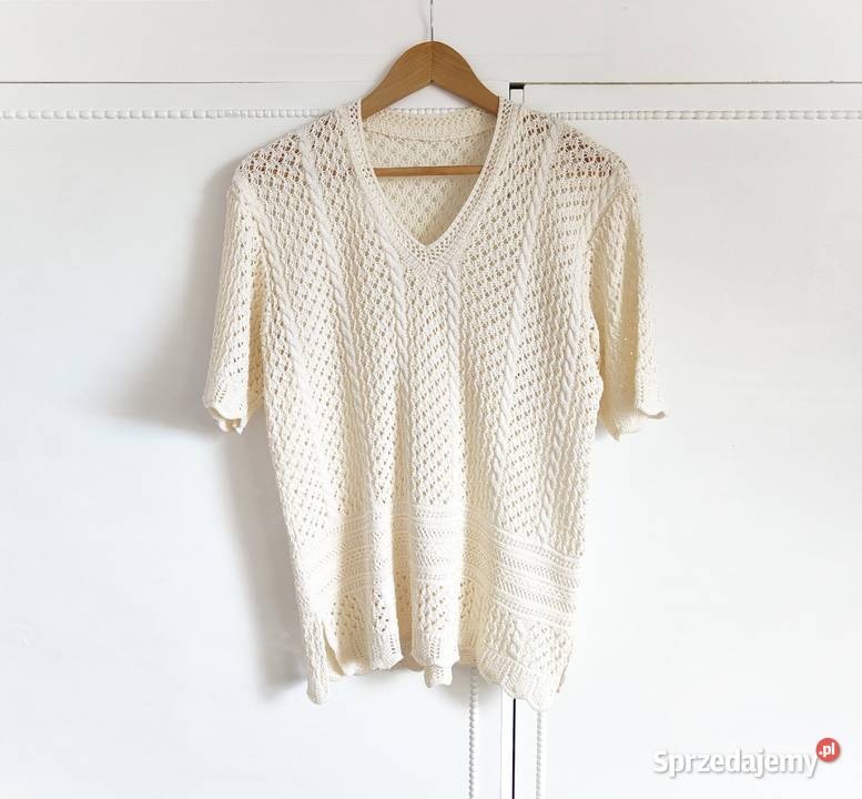 Kremowy sweter vintage ażurowy narzutka top L 40 Wkładane przez głowę Szczecin