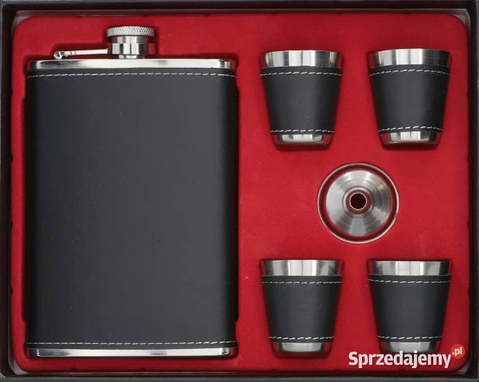 Piersiówka Obszyta Czarną Skórą z Kieliszkami i Ostrowy nad Okszą