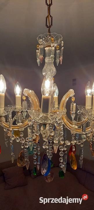 Szklany sześcioramienny żyrandol z kolorowymi łódzkie Skierniewice