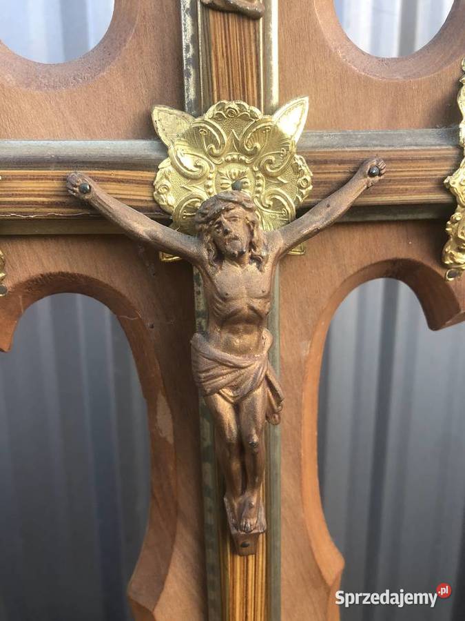 Stary drewniany krzyż Krucyfiks sygnowany Antyki łódzkie sprzedam