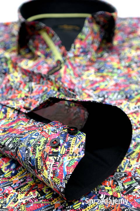 DANIEL BESSI Koszula Męska Fb064 Kolorowa Napisy Ostrów Wielkopolski