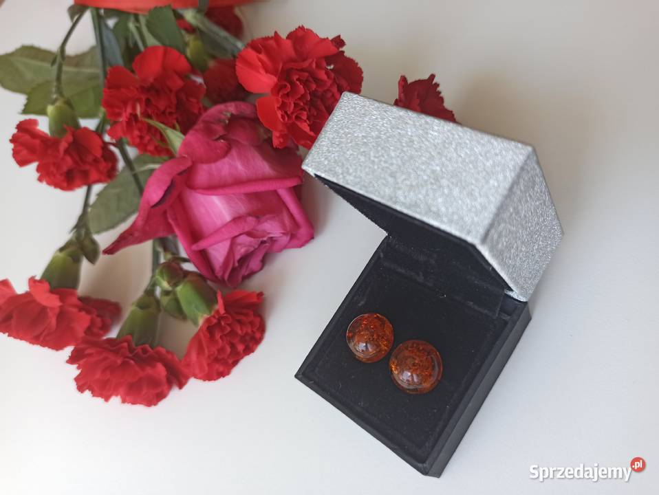 Kolczyki bursztyn naturalny okrągłe srebro 925