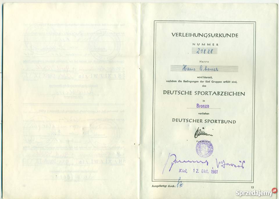 Deutsches Sportabzeichen Urkundenheft Manner Antyki, Sztuka, Kolekcje Ostrów Wielkopolski