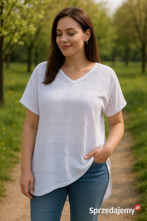 Bluzka damska plus size wyszywana ażurowa biust biały