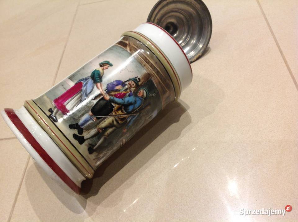 Stary Porcelanowy Kufel Myśliwskil z cynową Ceramika i szkło