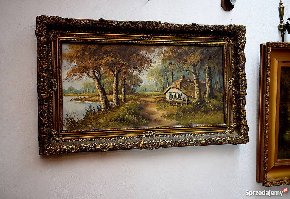STARY OBRAZ OLEJNY OLEJ NA PŁÓTNIE DUŻY Z RAMĄ dolnośląskie Świdnica