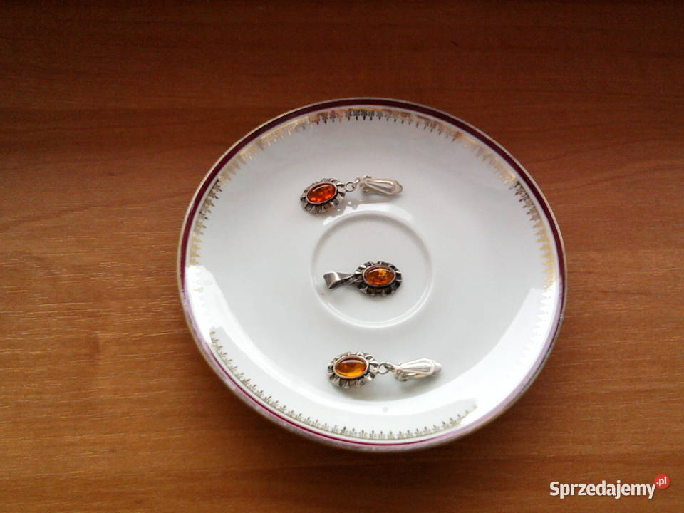 Srebrne klipsy z bursztynem i wisiorek antyk Sosnowiec