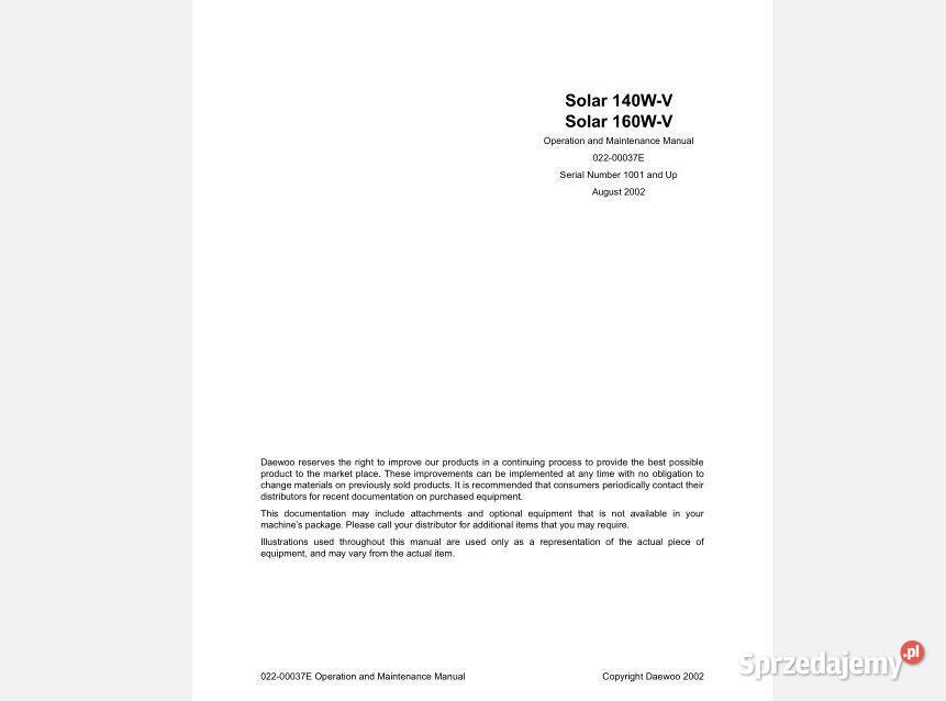 Daewoo Solar 225NLCV 140WV 160WV instrukcja
