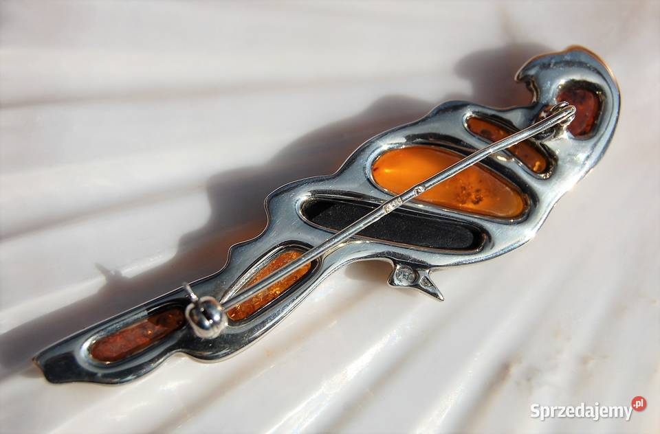 Broszka papuga bursztyn bałtycki srebro pr 925 sprzedam