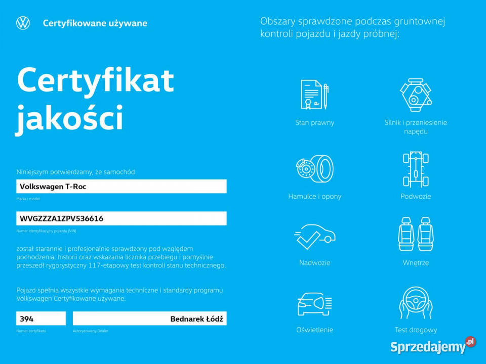 Volkswagen TRoc Bezwypadkowy Salon Polska Serwis światła do jazdy dziennej Łódź