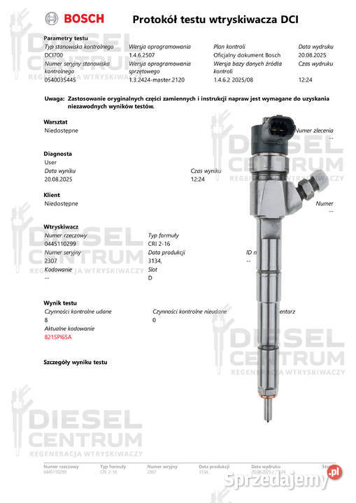 WTRYSKIWACZ BOSCH 0445110299 FIAT Bravo 20 osobowe Miszewo sprzedam