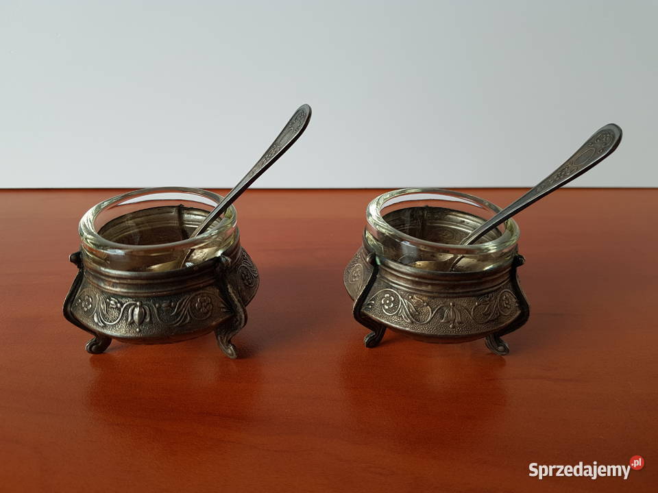 Dwie stare sygnowane solniczki z łyżeczkami ZSRR Dąbrowa Górnicza