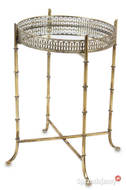 Okrągły złoty postarzany stolik z lustrzanym blatem