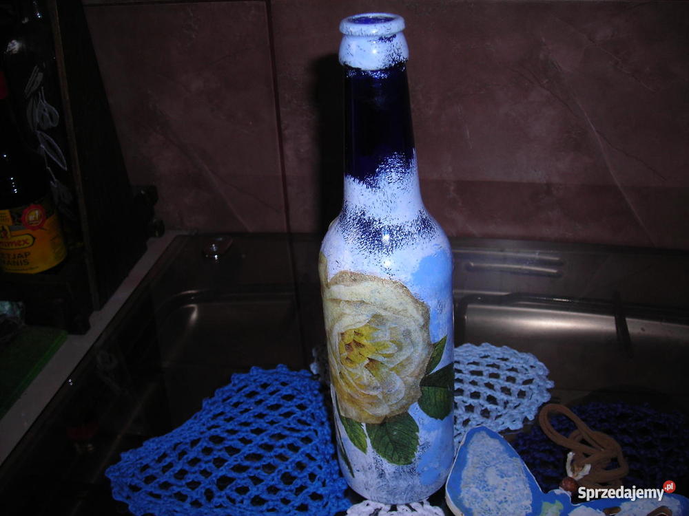 KOBALTOWY WAZONIK Z RÓŻĄ DECOUPAGE Piła