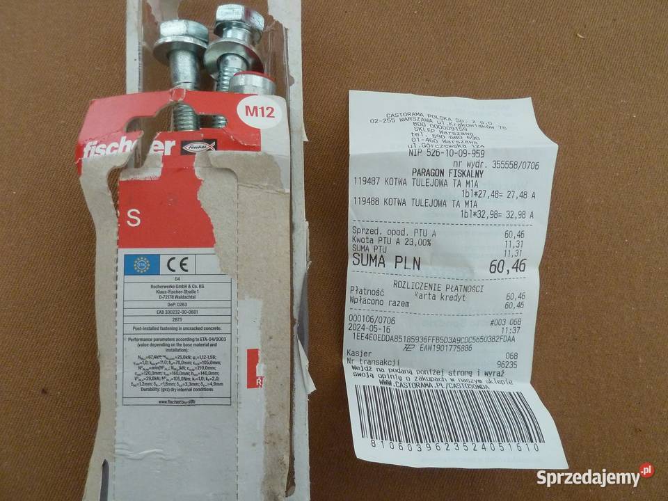 2 kotwy tulejowe M12 firmy Fisher do montażu Warszawa
