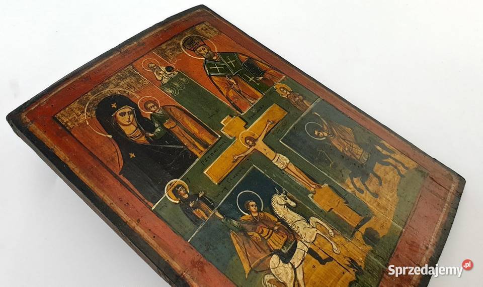 Ikona czteropolowa Chrystus Ukrzyżowany XIXw Malarstwo