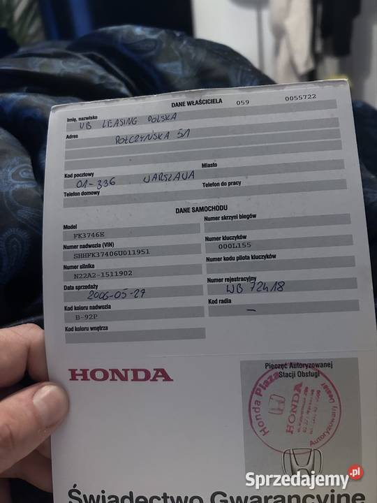 Honda Civic Polski Salon mazowieckie Warszawa