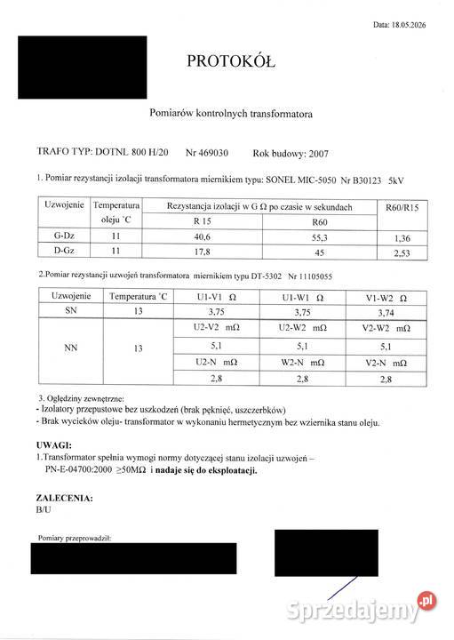 Transformator olejowy SGB 800 kVA 1575 kV 0693 Władysławowo