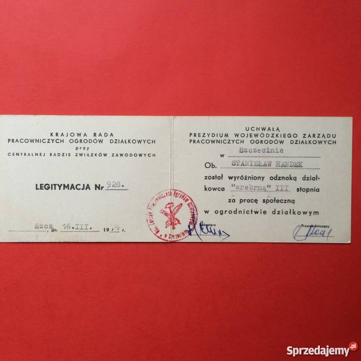 1133 Legitymacja Odznaki Działkowca z 1974 r