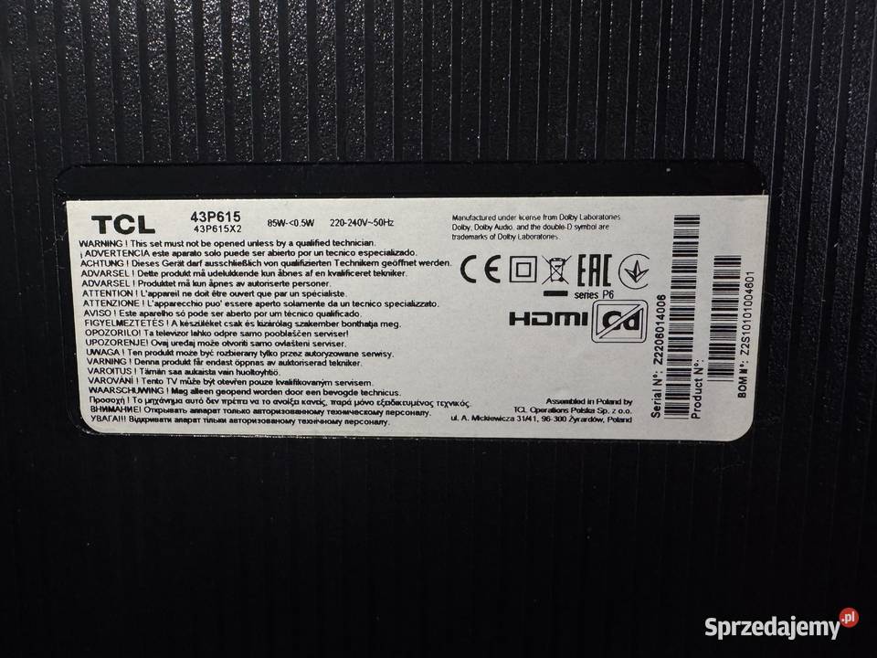 Telewizor TCL 43P615 43 LED 4K Android Wifi Żagań