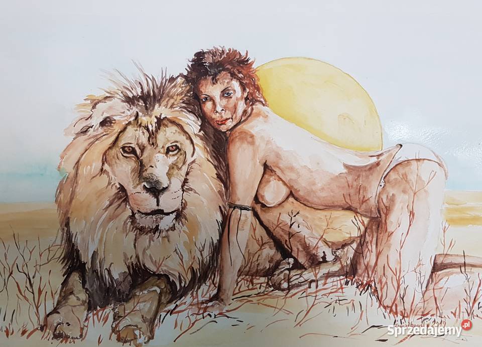 lew i dziewczyna 2 akwarela Dekoracje i ozdoby