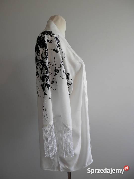 Narzutka Kimono Blezer Tunika Biała z Frędzlami Bluzki i koszule