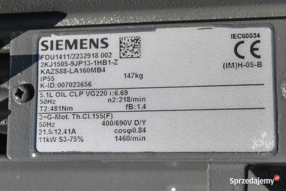 Motoreduktor kątowy 11kw 218obrmin SIEMENS