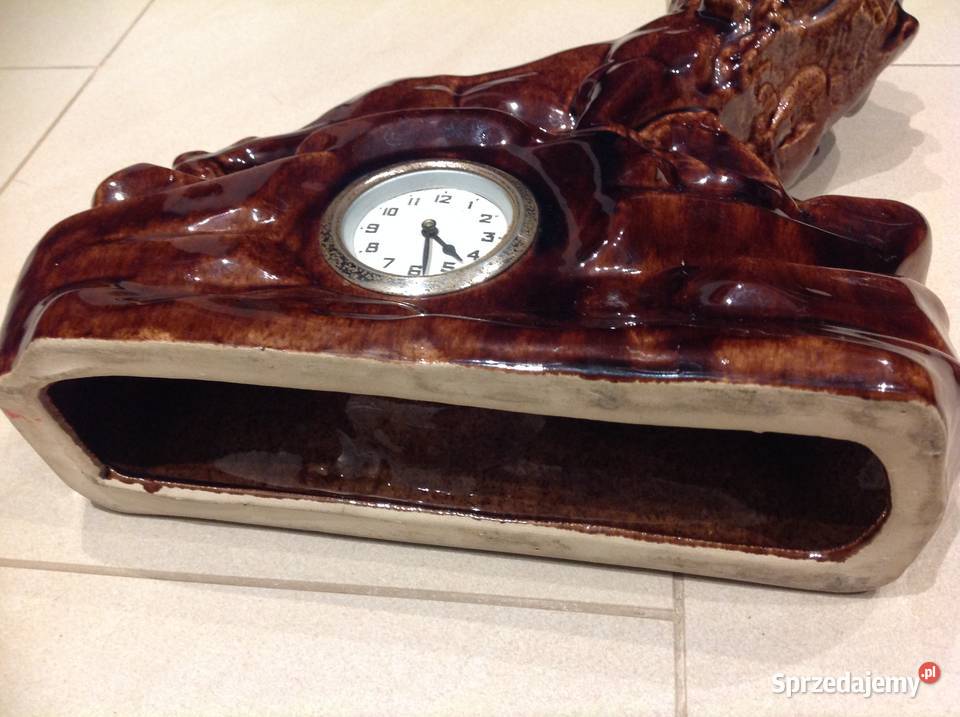 Zegar Kominkowy Lew na Skale Sygnowany brązowy Nowa Sól