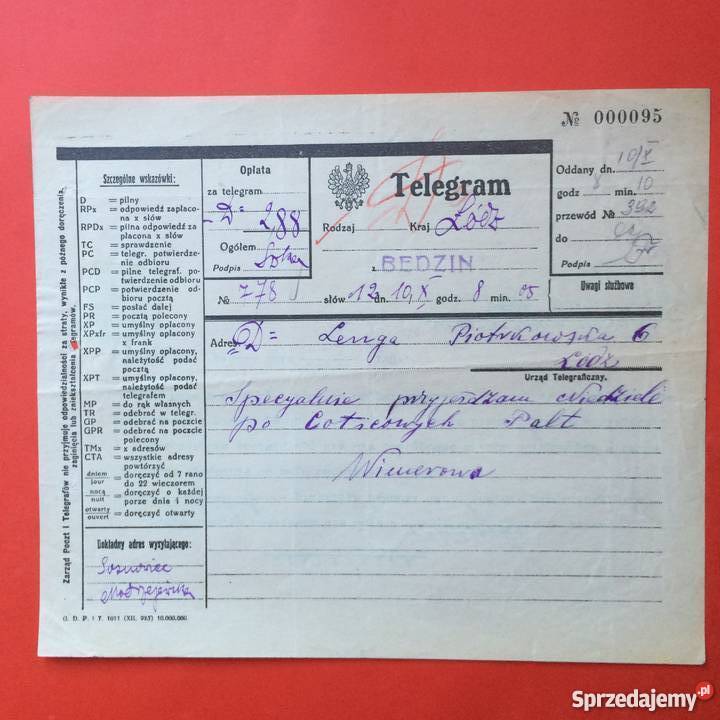 1114 Telegram Łódź Będzin z deklaracją zachodniopomorskie Szczecin