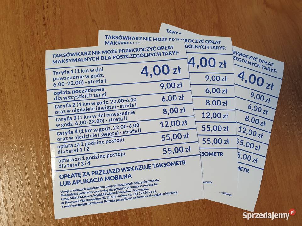 Naklejka z taryfami taxi ceny cennik małopolskie Kraków