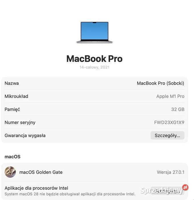 Apple MacBook Pro 14 M1 Pro 32GB RAM 512GB SSD HDMI  Apple Łódź