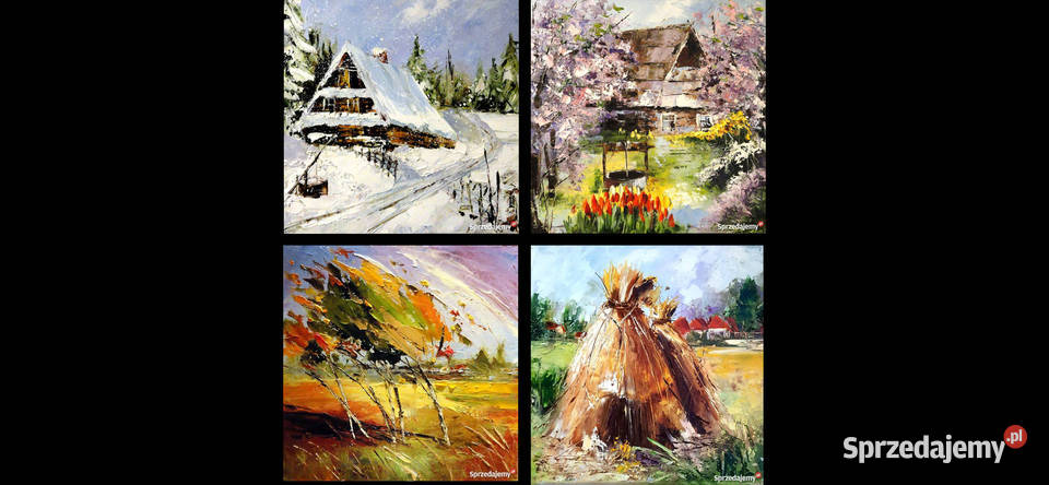 cztery pory roku 4 obrazy olejne 30x30 pejzaż Malarstwo Kraków