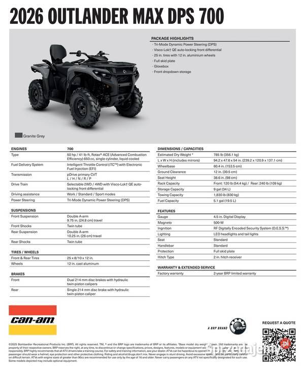 CanAm Outlander DPS 700 1WTH 2026 Granite Grey Nowy Sącz