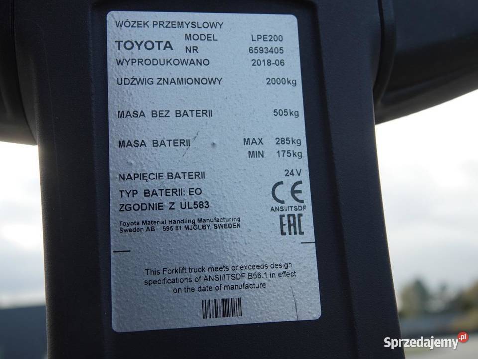 Wózek paletowy elektryczny Toyota LPE200 BT Wózki widłowe Łosice