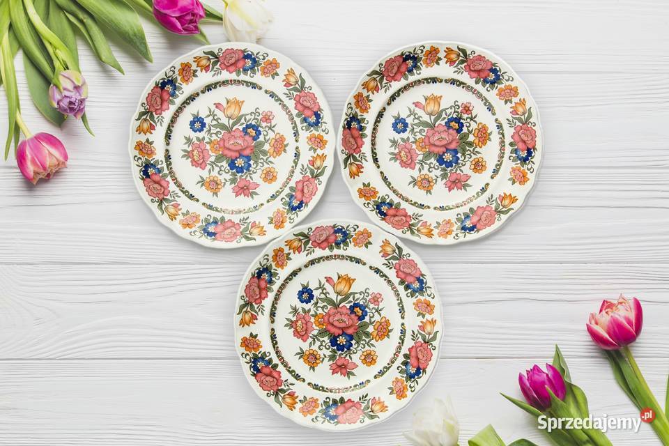 Trzy talerze deserowe vintage w kwiaty Pontesa lubelskie Lublin