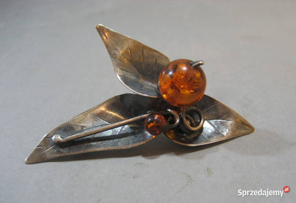 Stara Broszka Srebrna z Bursztynem Vintage
