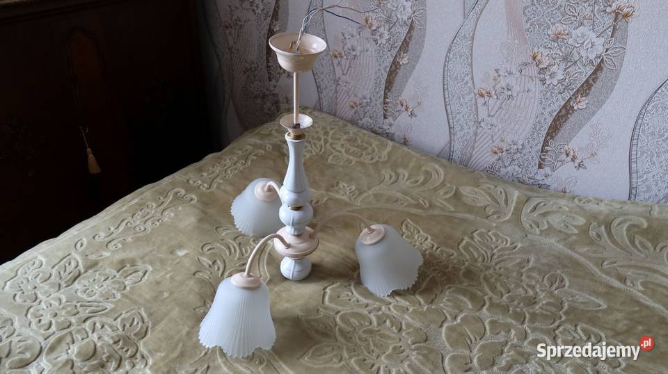 Żyrandol 3 Ramienny z Porcelitu Klosze Szkło PRL Ziębice