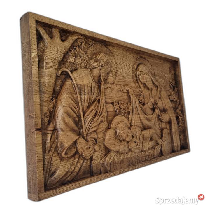 Drewniana płaskorzeźba Narodzenie Pańskie cisza Malechowo