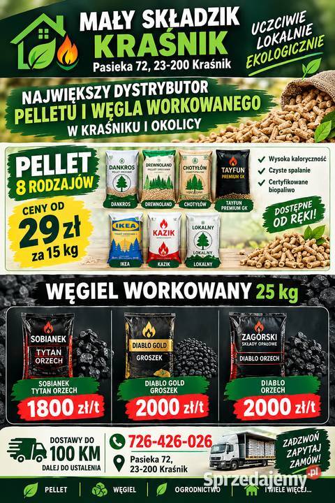 PELLET 8 RODZAJÓW WĘGIEL WORKOWANY DOSTĘPNY RĘKI Kraśnik