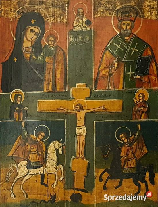 Ikona czteropolowa Chrystus Ukrzyżowany XIXw mazowieckie